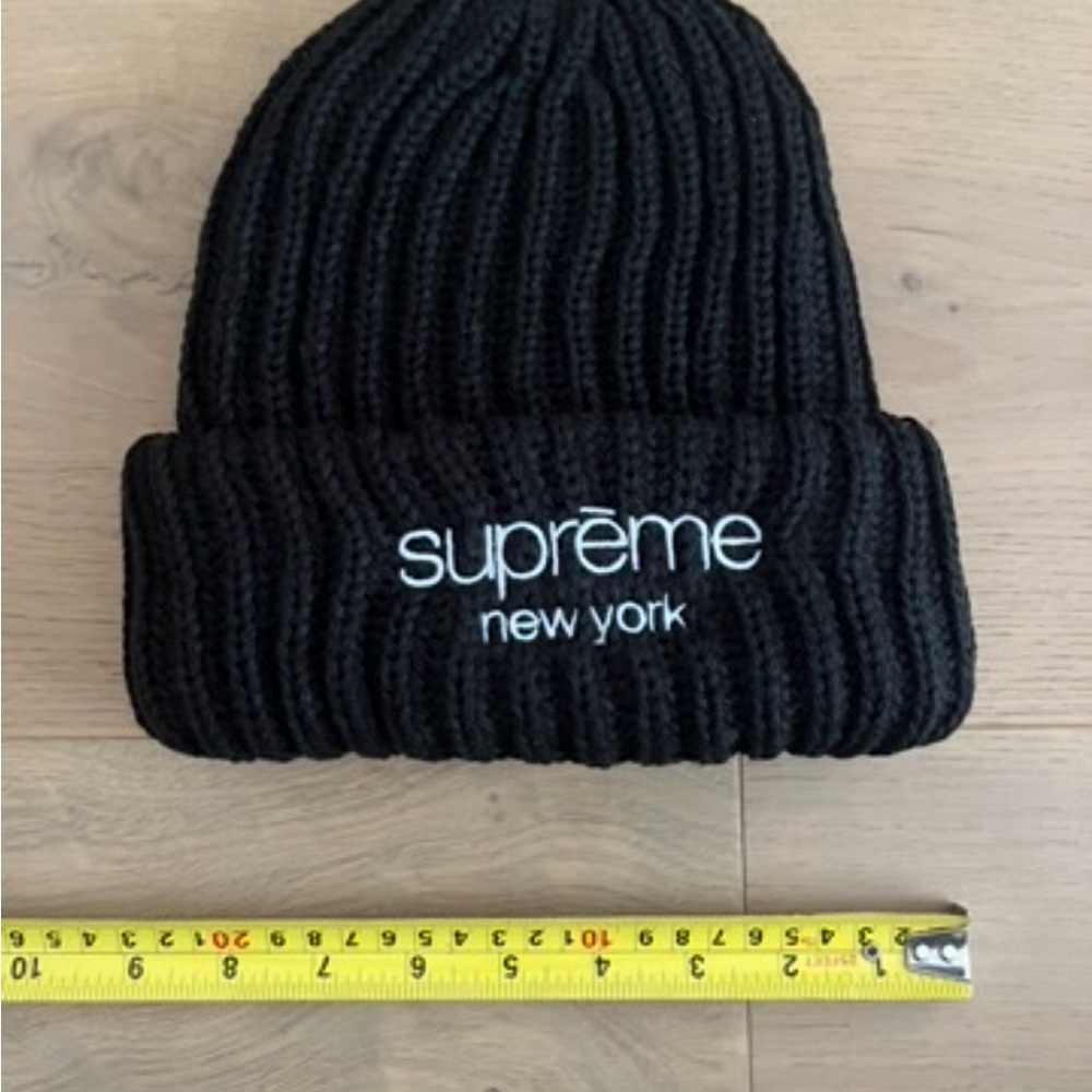 Supreme Black Ribbed Cuffed Beanie with White Embroidered Logo